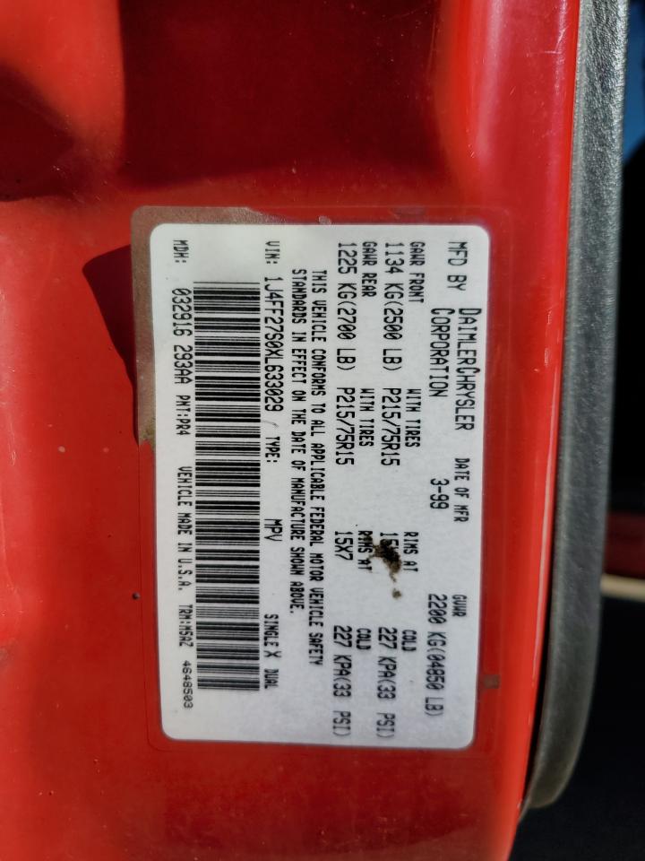 1999 Jeep Cherokee Se VIN: 1J4FF27S0XL633029 Lot: 92727105