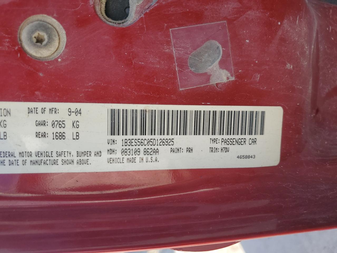 2005 Dodge Neon Sxt VIN: 1B3ES56C05D126925 Lot: 92578195