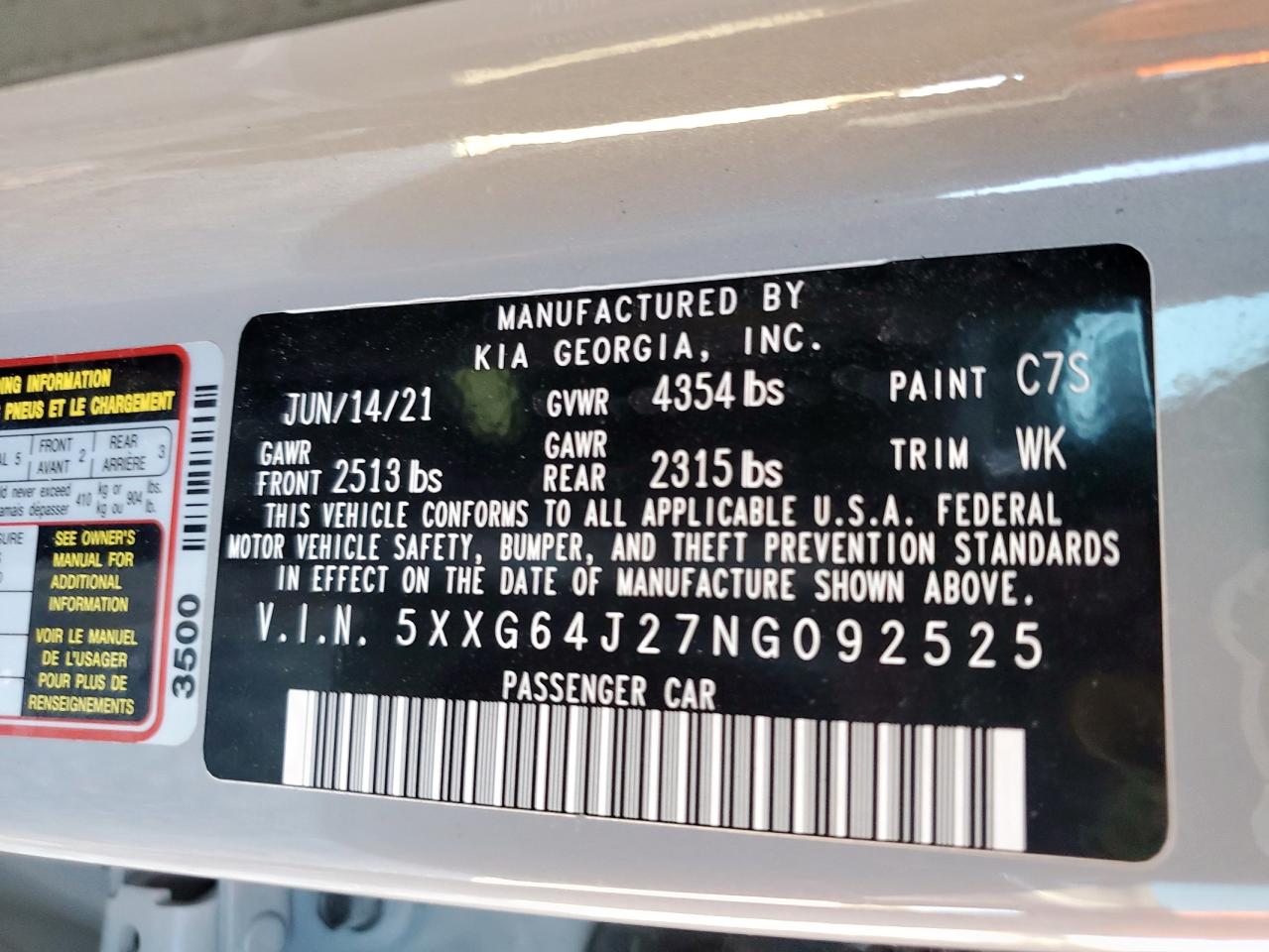 2022 Kia K5 Gt Line VIN: 5XXG64J27NG092525 Lot: 91412675