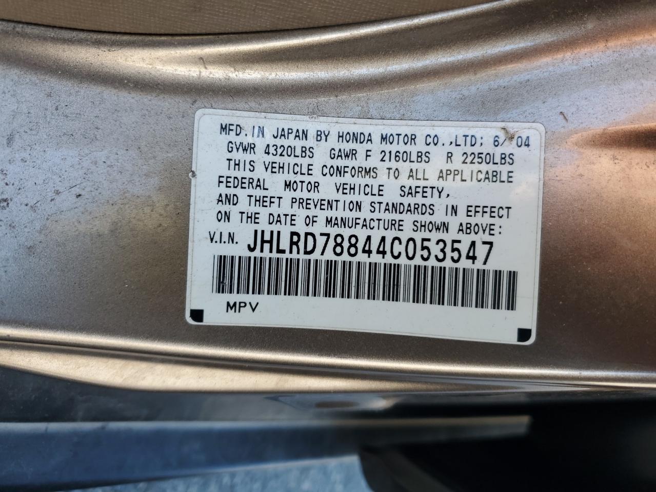 2004 Honda Cr-V Ex VIN: JHLRD78844C053547 Lot: 84983525