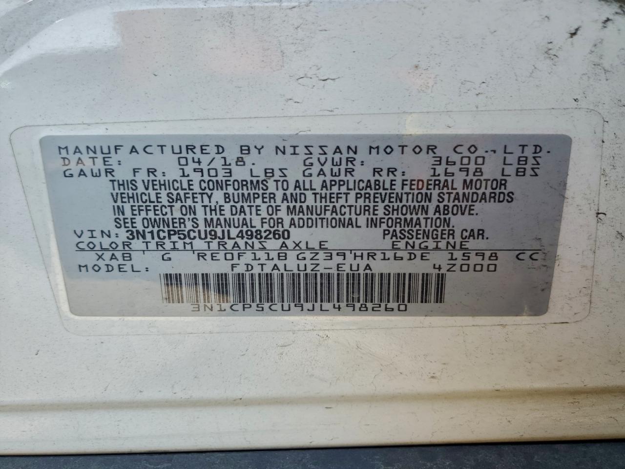 2018 Nissan Kicks S VIN: 3N1CP5CU9JL498260 Lot: 92925815