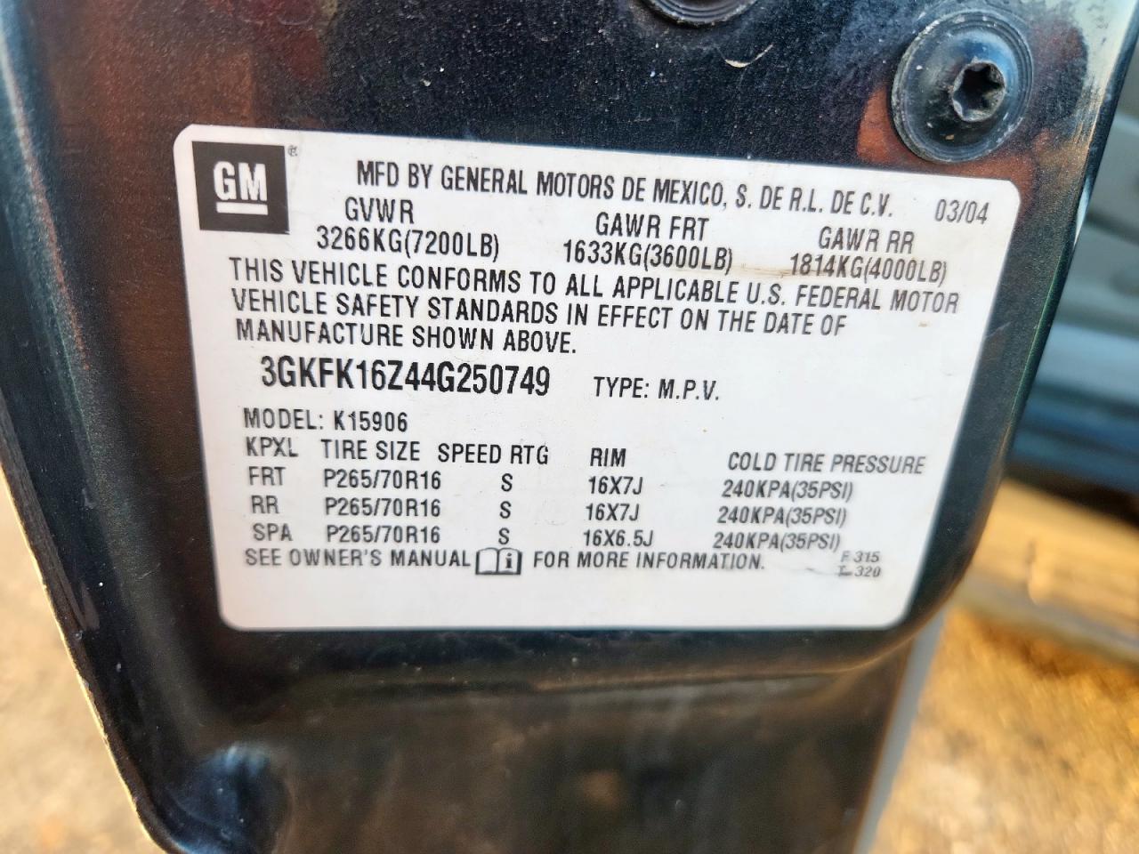 2004 GMC Yukon Xl K1500 VIN: 3GKFK16Z44G250749 Lot: 92877115