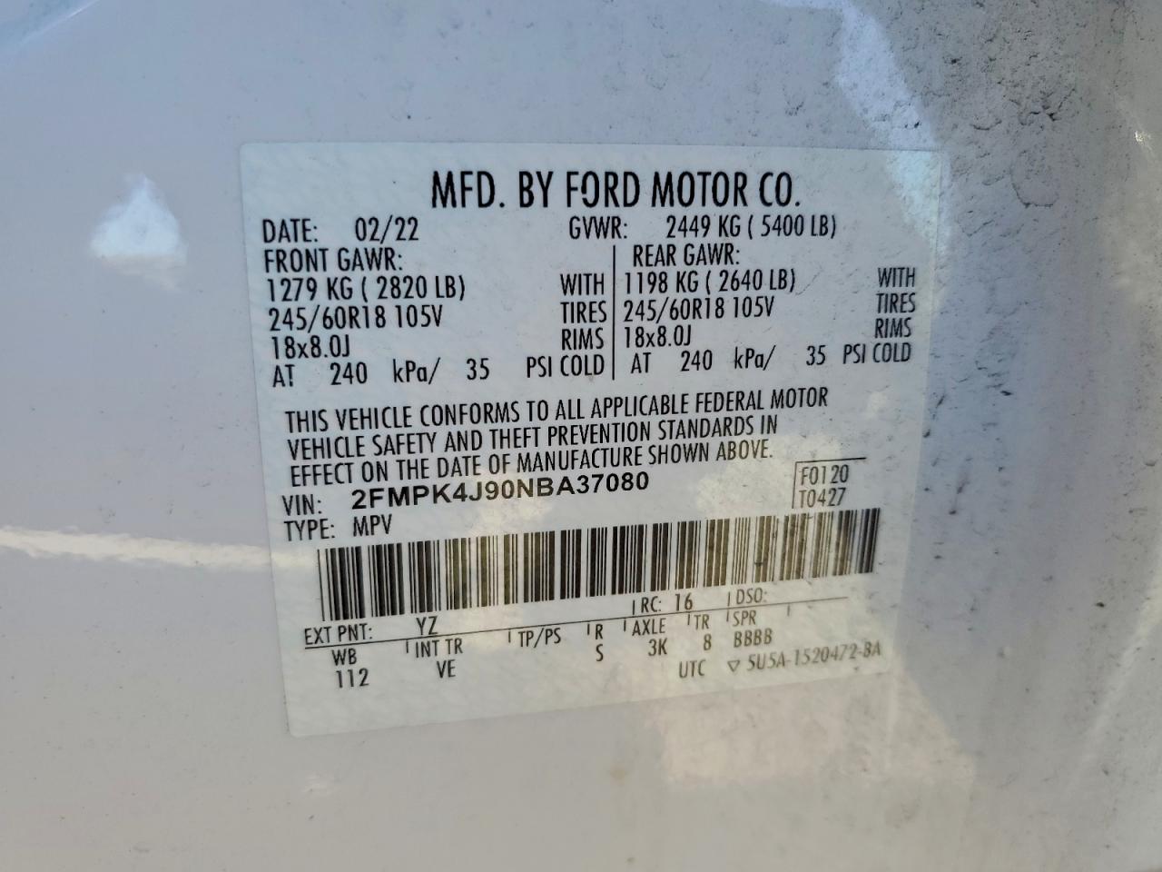 2022 Ford Edge Sel VIN: 2FMPK4J90NBA37080 Lot: 92497745