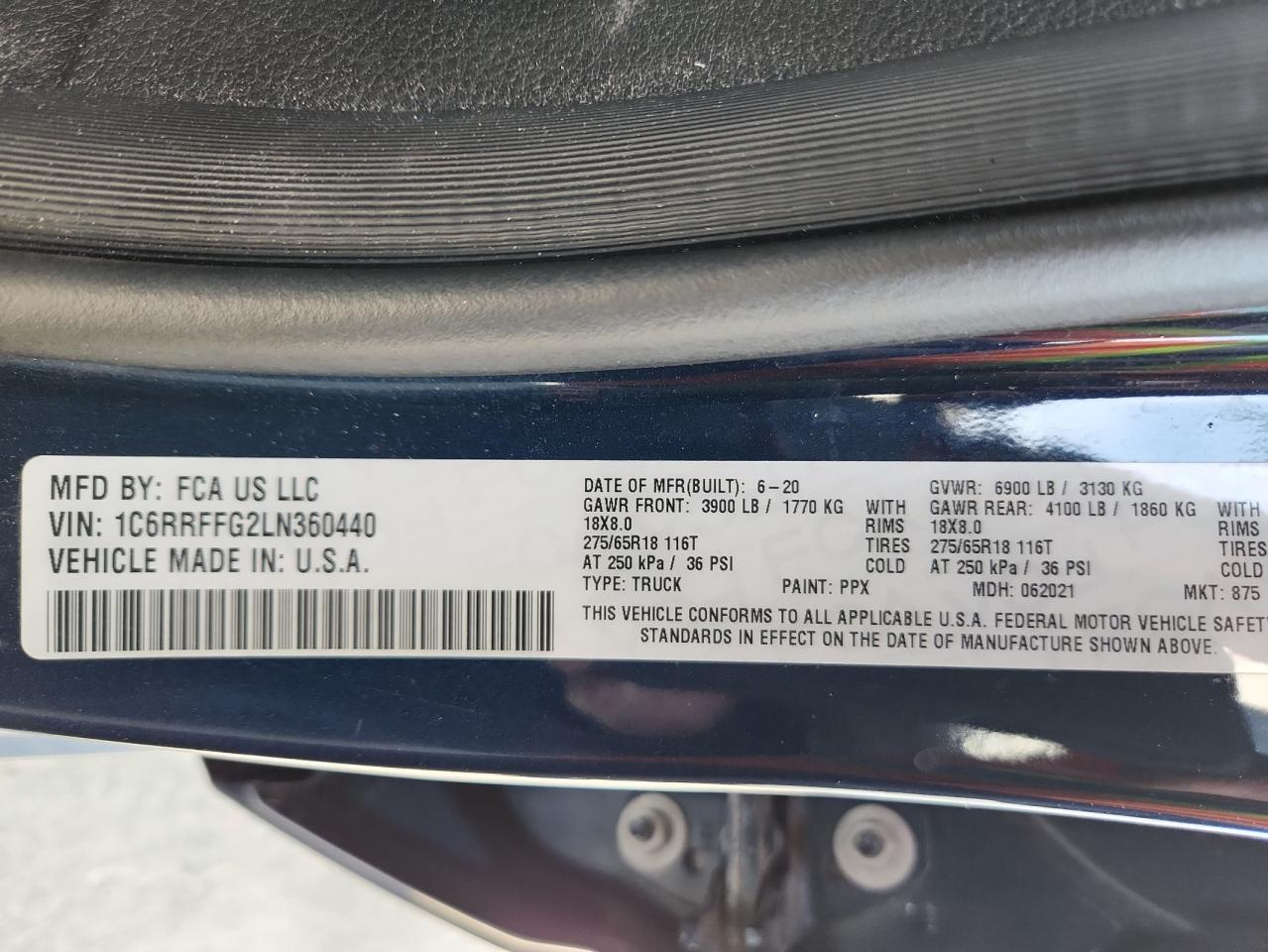 2020 Ram 1500 Big Horn/Lone Star VIN: 1C6RRFFG2LN360440 Lot: 91121885