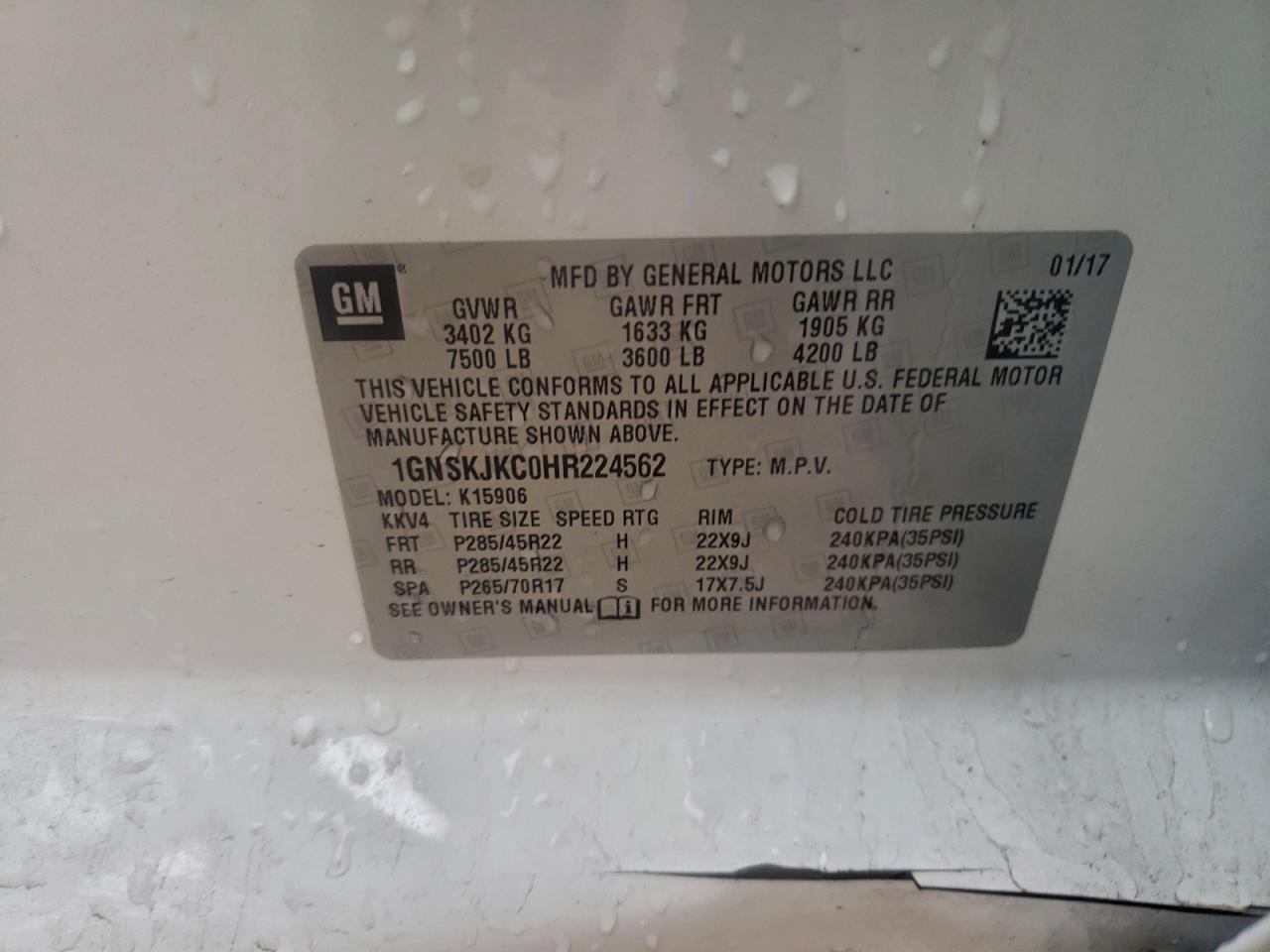 2017 Chevrolet Suburban K1500 Premier VIN: 1GNSKJKC0HR224562 Lot: 94260225