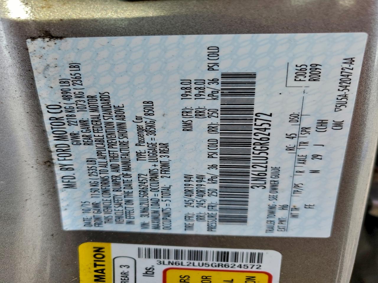 2016 Lincoln Mkz Hybrid VIN: 3LN6L2LU5GR624572 Lot: 93962415