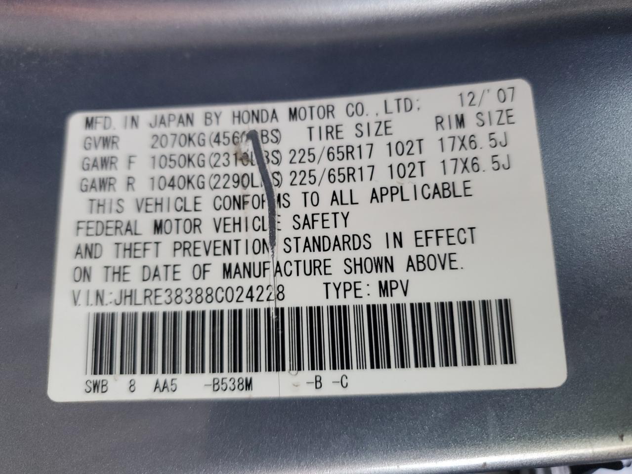2008 Honda Cr-V Lx VIN: JHLRE38388C024228 Lot: 91357355