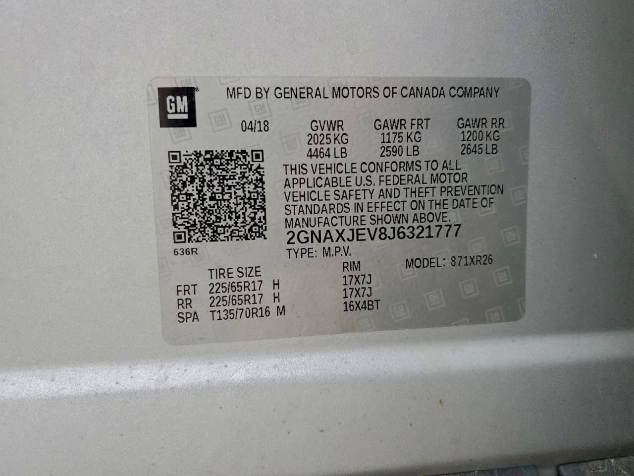 2018 Chevrolet Equinox Lt VIN: 2GNAXJEV8J6321777 Lot: 93670035