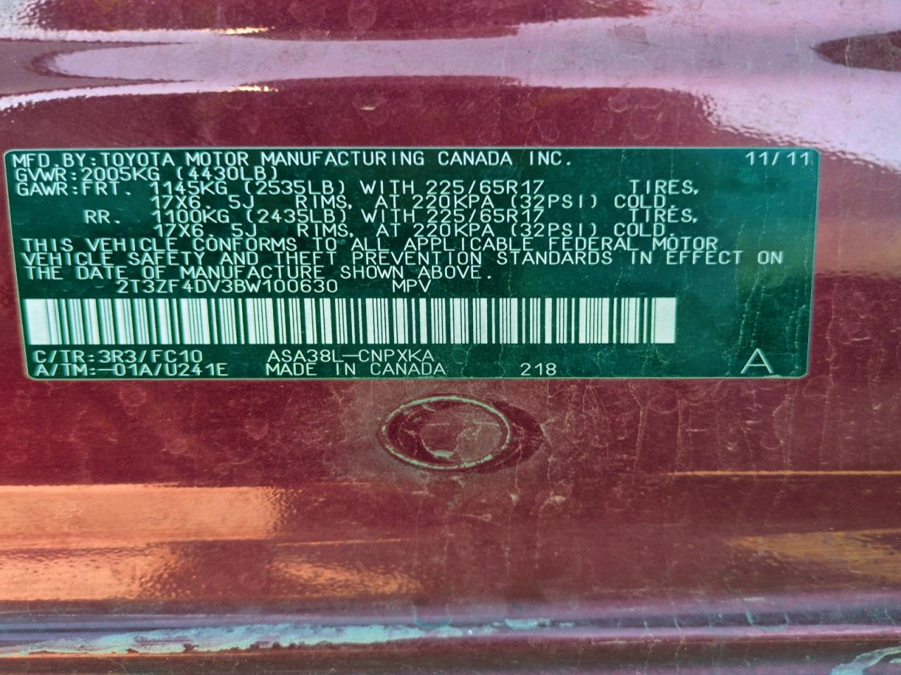 2011 Toyota Rav4 VIN: 2T3ZF4DV3BW100630 Lot: 94001385