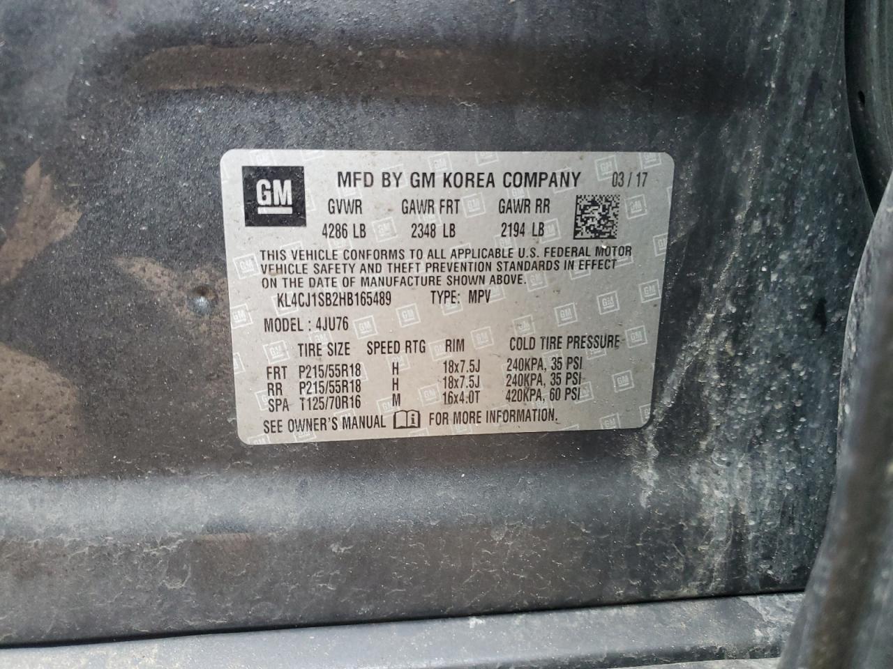 2017 Buick Encore Sport Touring VIN: KL4CJ1SB2HB165489 Lot: 93009855