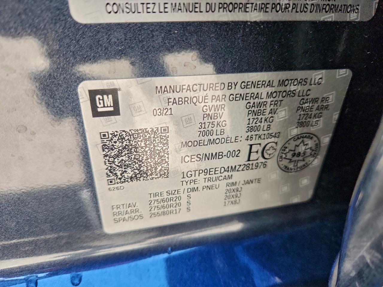 2021 GMC Sierra K1500 At4 VIN: 1GTP9EED4MZ281976 Lot: 93960665