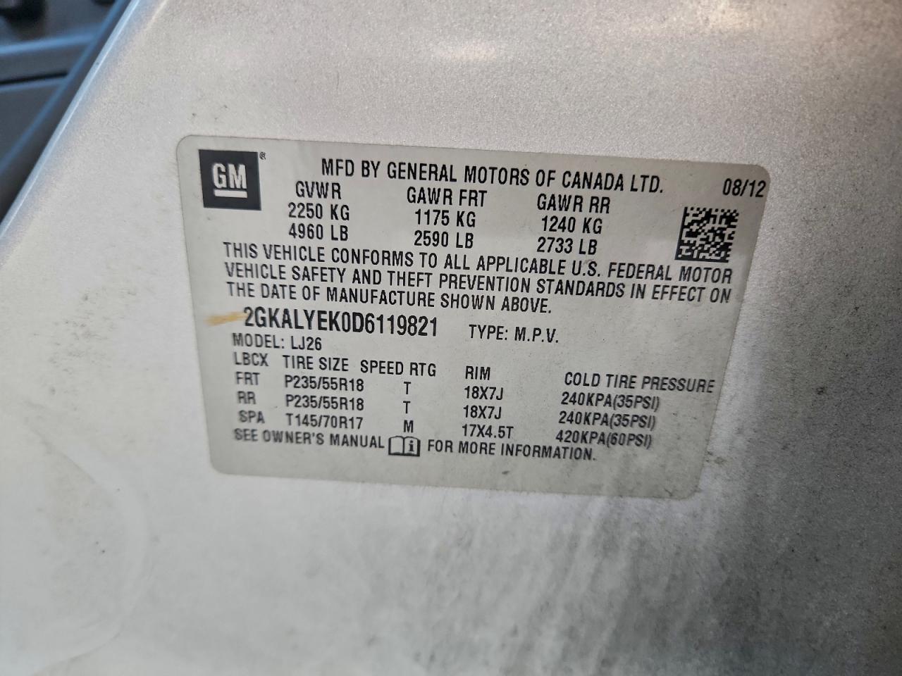 2013 GMC Terrain Denali VIN: 2GKALYEK0D6119821 Lot: 94356005