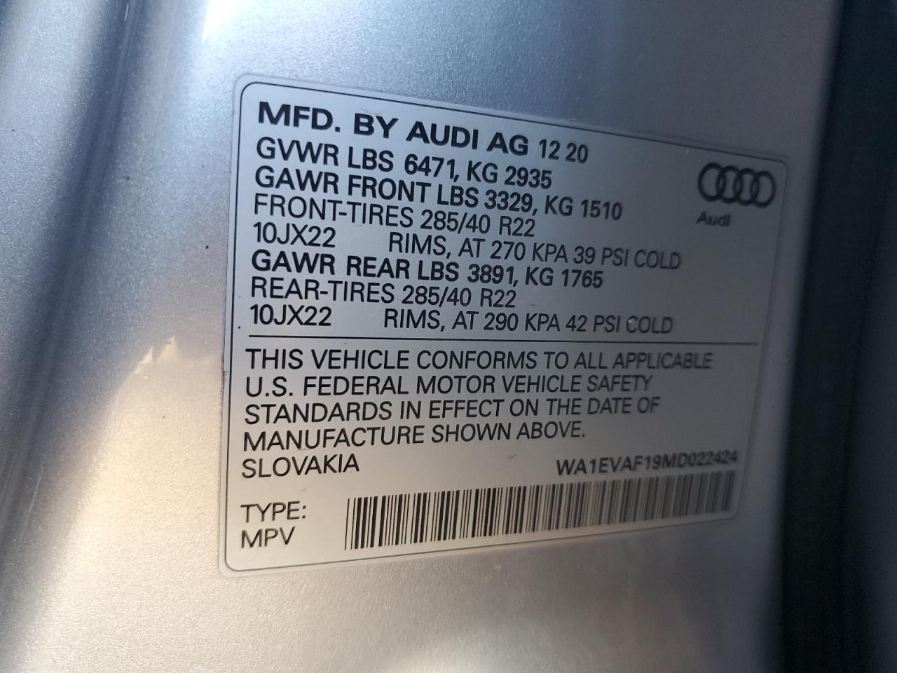 2021 Audi Q8 Premium Plus S-Line VIN: WA1EVAF19MD022424 Lot: 91526115