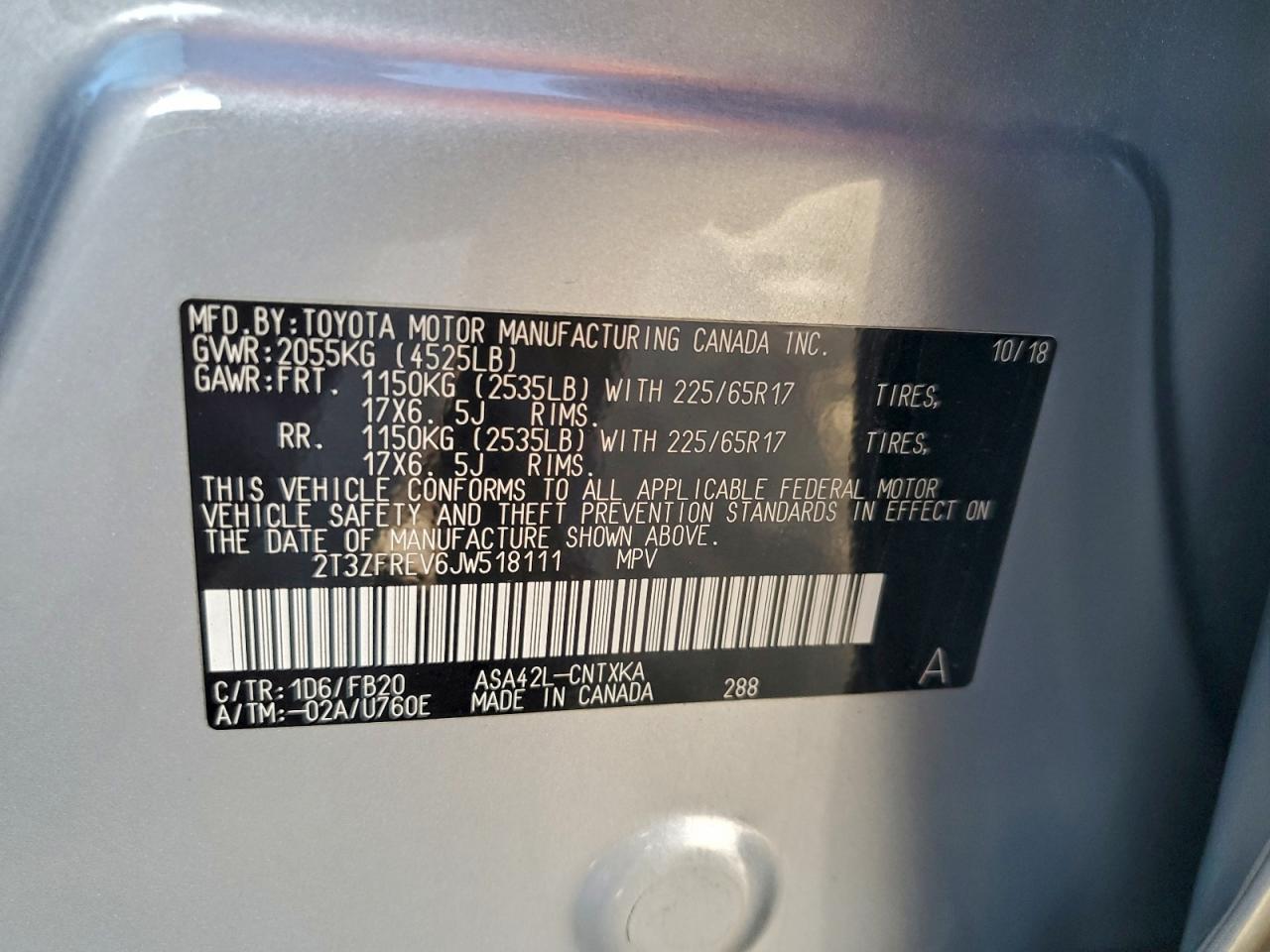 2018 Toyota Rav4 Le VIN: 2T3ZFREV6JW518111 Lot: 93996975