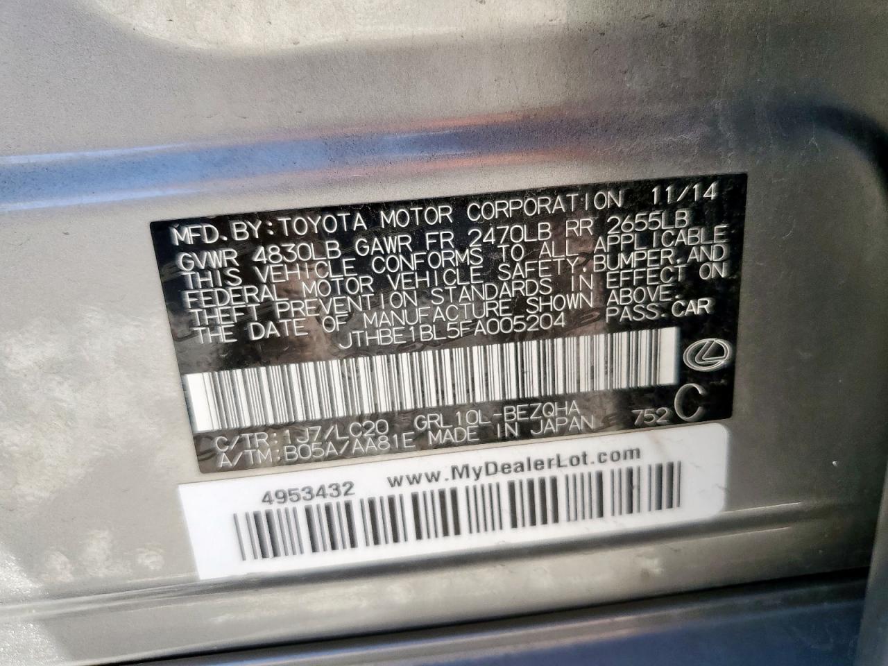 2015 Lexus Gs 350 VIN: JTHBE1BL5FA005204 Lot: 91929895