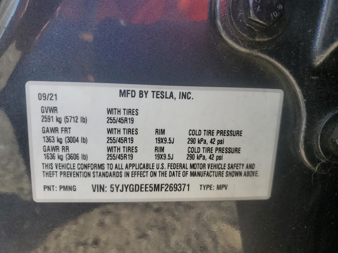 2021 Tesla Model Y VIN: 5YJYGDEE5MF269371 Lot: 91832135