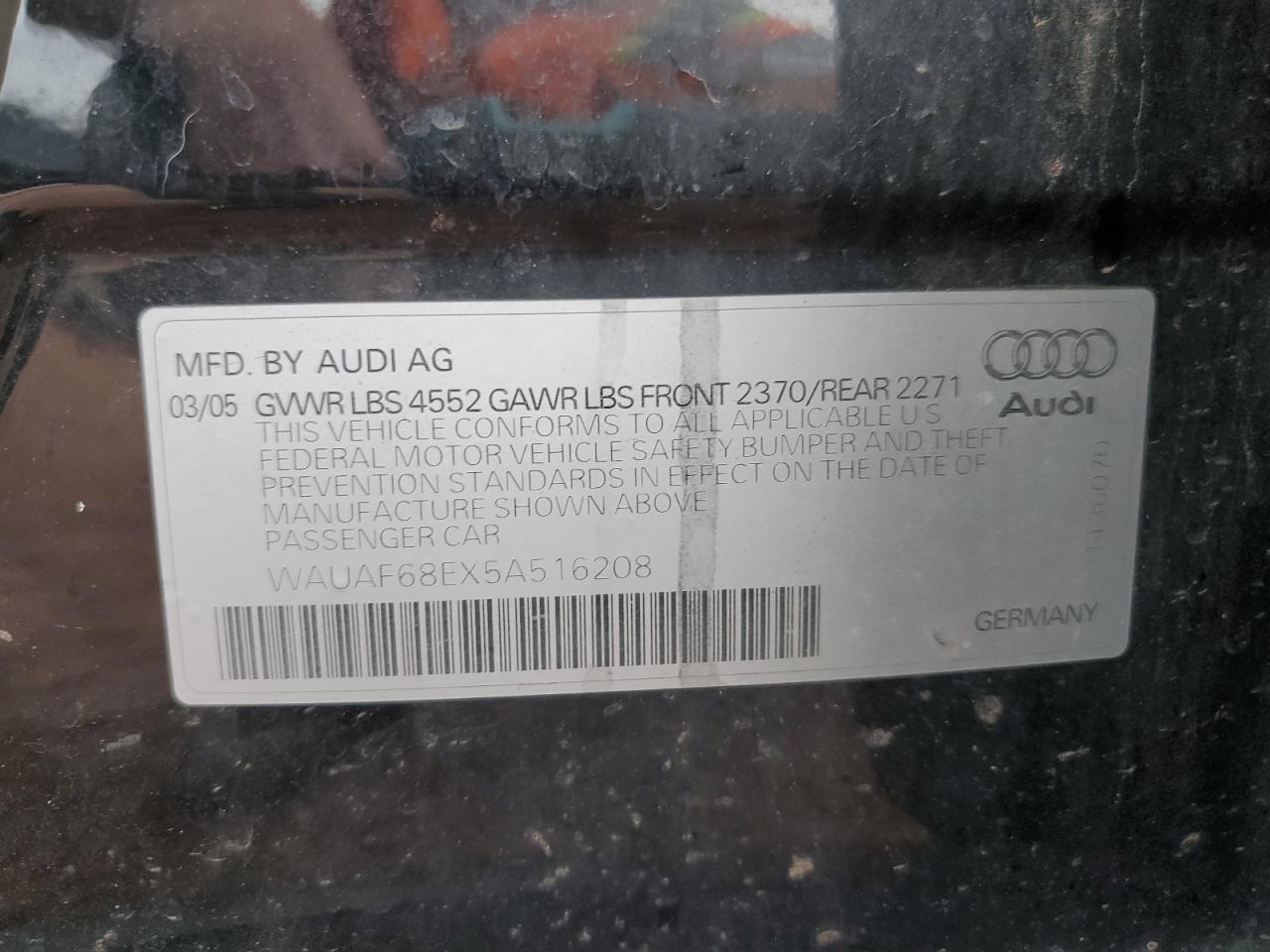 2005 Audi A4 2.0T VIN: WAUAF68EX5A516208 Lot: 93642275