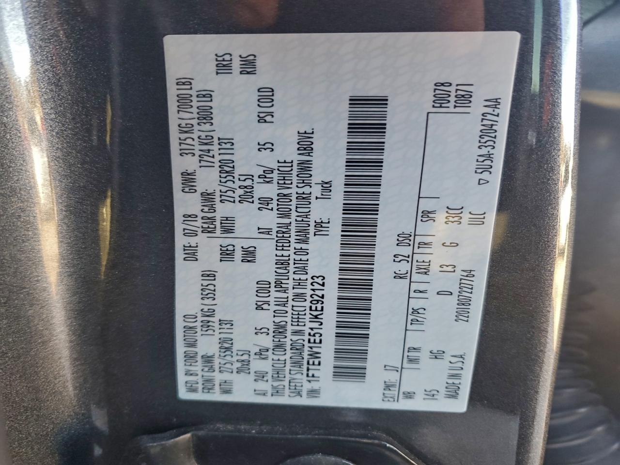 2018 Ford F150 Supercrew VIN: 1FTEW1E51JKE92123 Lot: 94044335