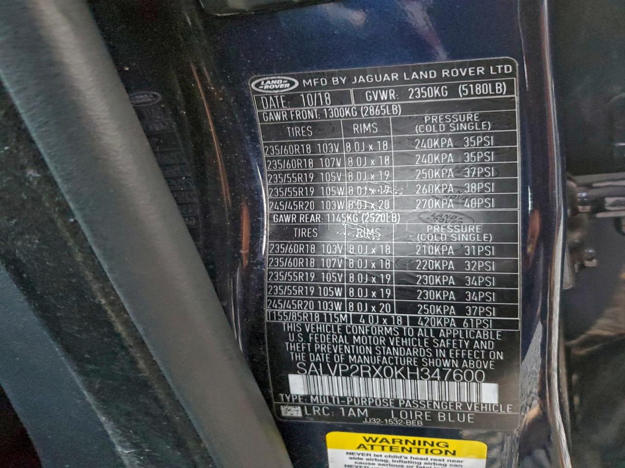 2019 Land Rover Range Rover Evoque Se VIN: SALVP2RX0KH347600 Lot: 94382475