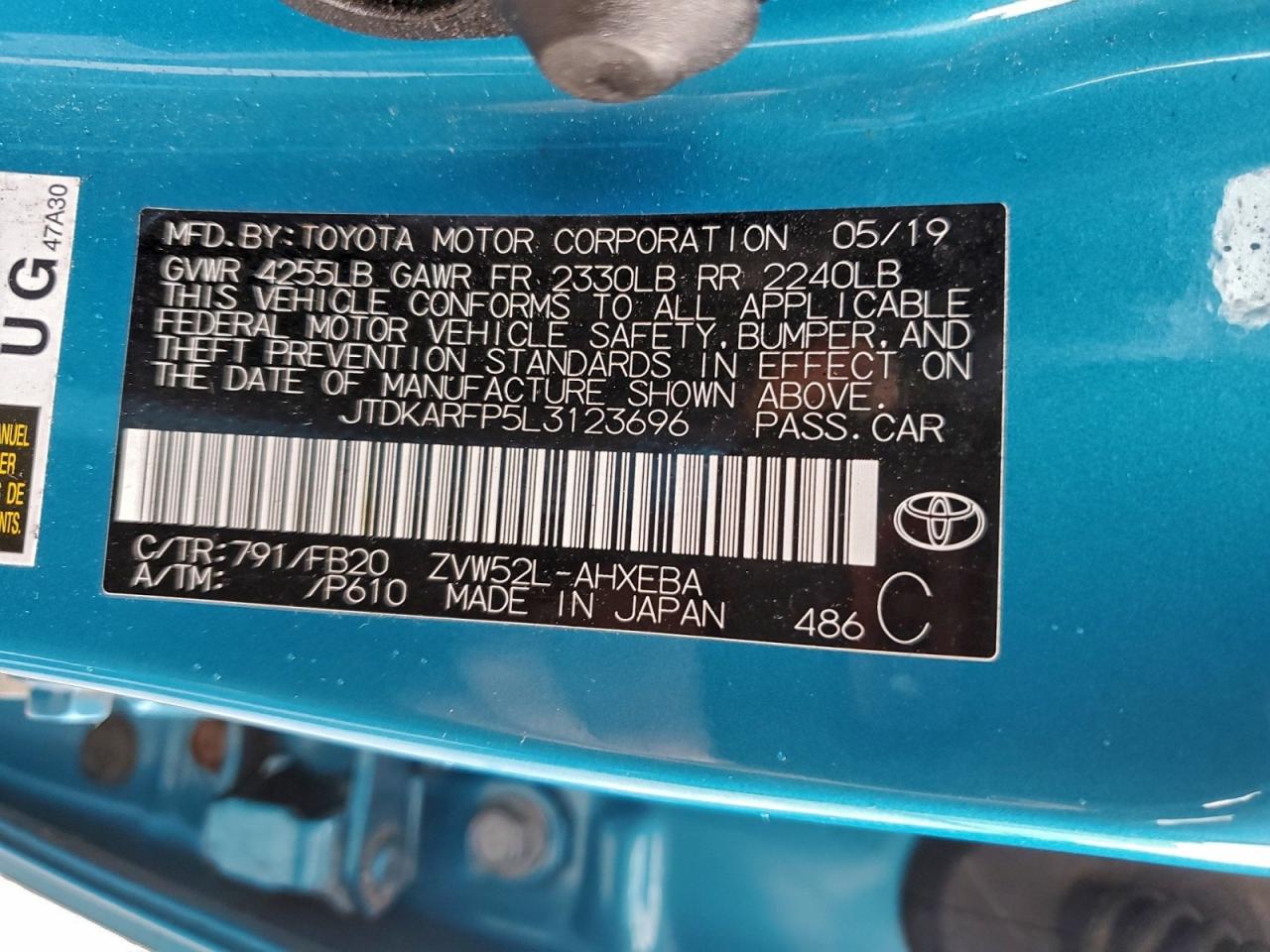 2020 Toyota Prius Prime Le VIN: JTDKARFP5L3123696 Lot: 94223665