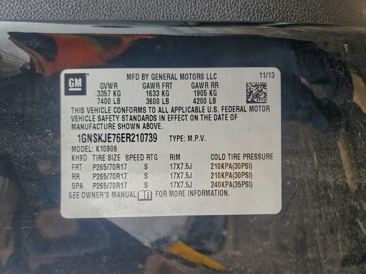 2014 Chevrolet Suburban K1500 Lt VIN: 1GNSKJE76ER210739 Lot: 94045825