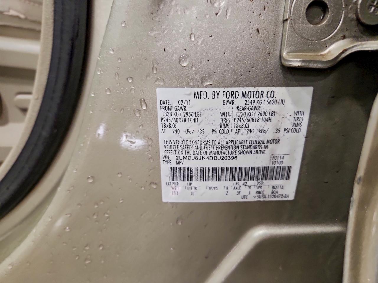 2011 Lincoln Mkx VIN: 2LMDJ8JK4BBJ20396 Lot: 94524535