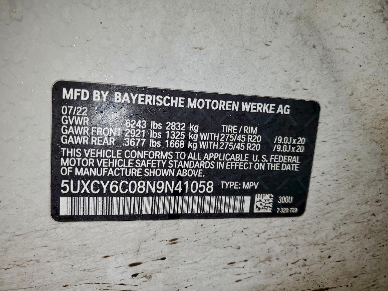 2022 BMW X6 xDrive40I VIN: 5UXCY6C08N9N41058 Lot: 94465285