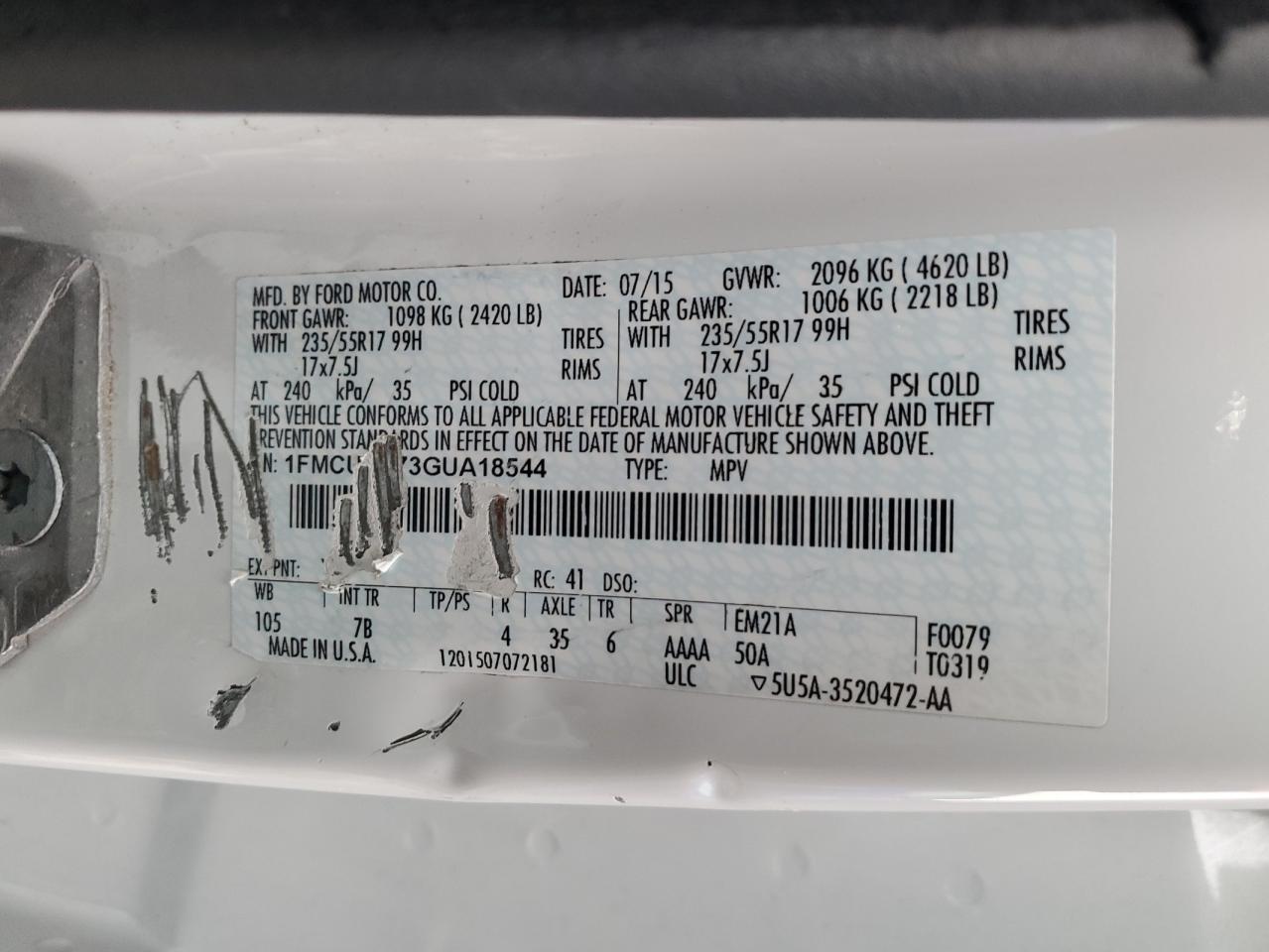 2016 Ford Escape Se VIN: 1FMCU0G73GUA18544 Lot: 92687795