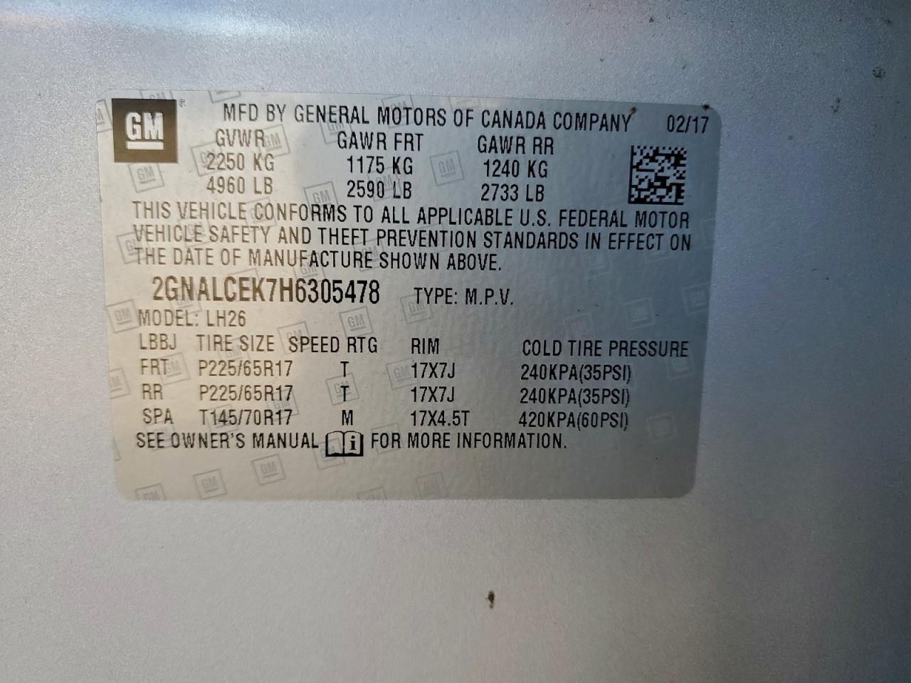 2017 Chevrolet Equinox Lt VIN: 2GNALCEK7H6305478 Lot: 93828245