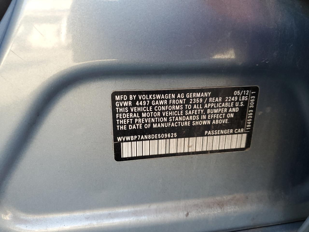 2013 Volkswagen Cc Sport VIN: WVWBP7AN8DE509625 Lot: 93201205