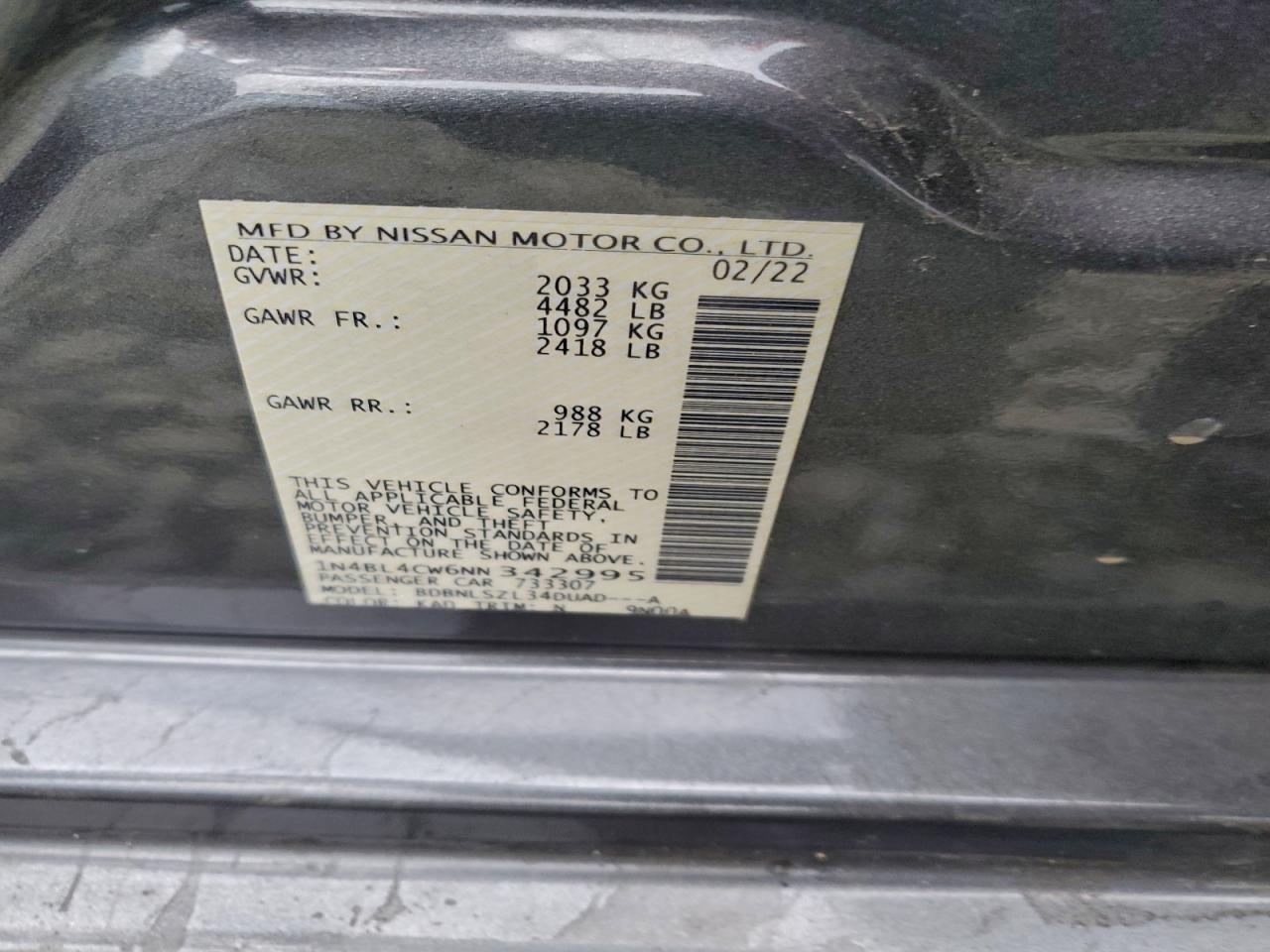 2022 Nissan Altima Sr VIN: 1N4BL4CW6NN342995 Lot: 94156845