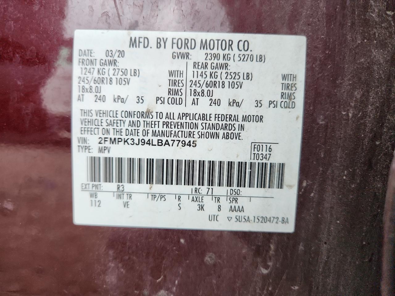 2020 Ford Edge Sel VIN: 2FMPK3J94LBA77945 Lot: 92247215