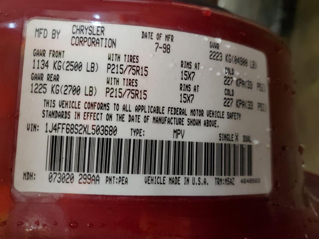 1999 Jeep Cherokee Sport VIN: 1J4FF68S2XL503680 Lot: 92647005