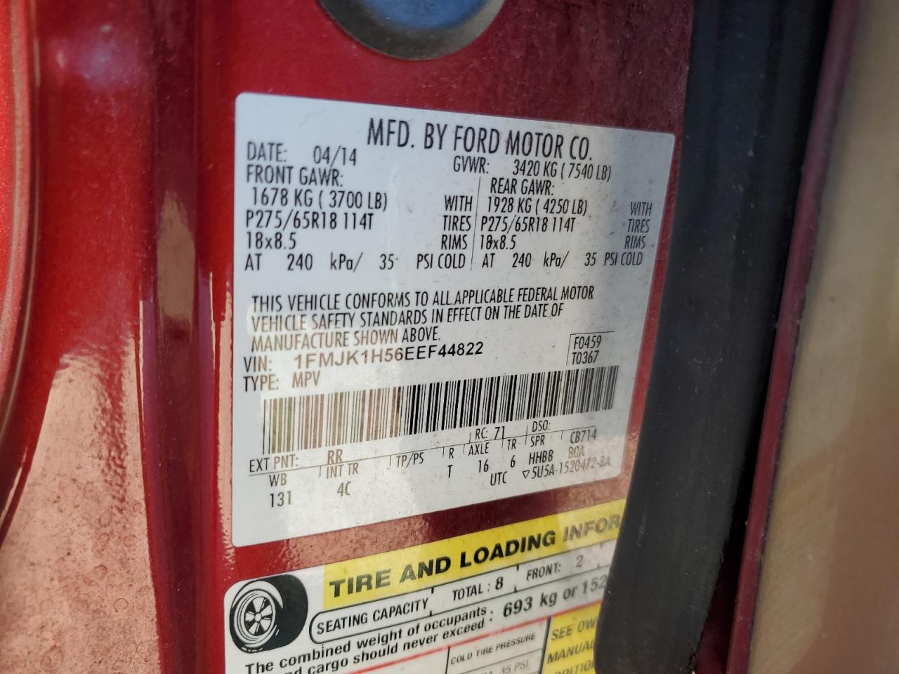 2014 Ford Expedition El Xlt VIN: 1FMJK1H56EEF44822 Lot: 92934135