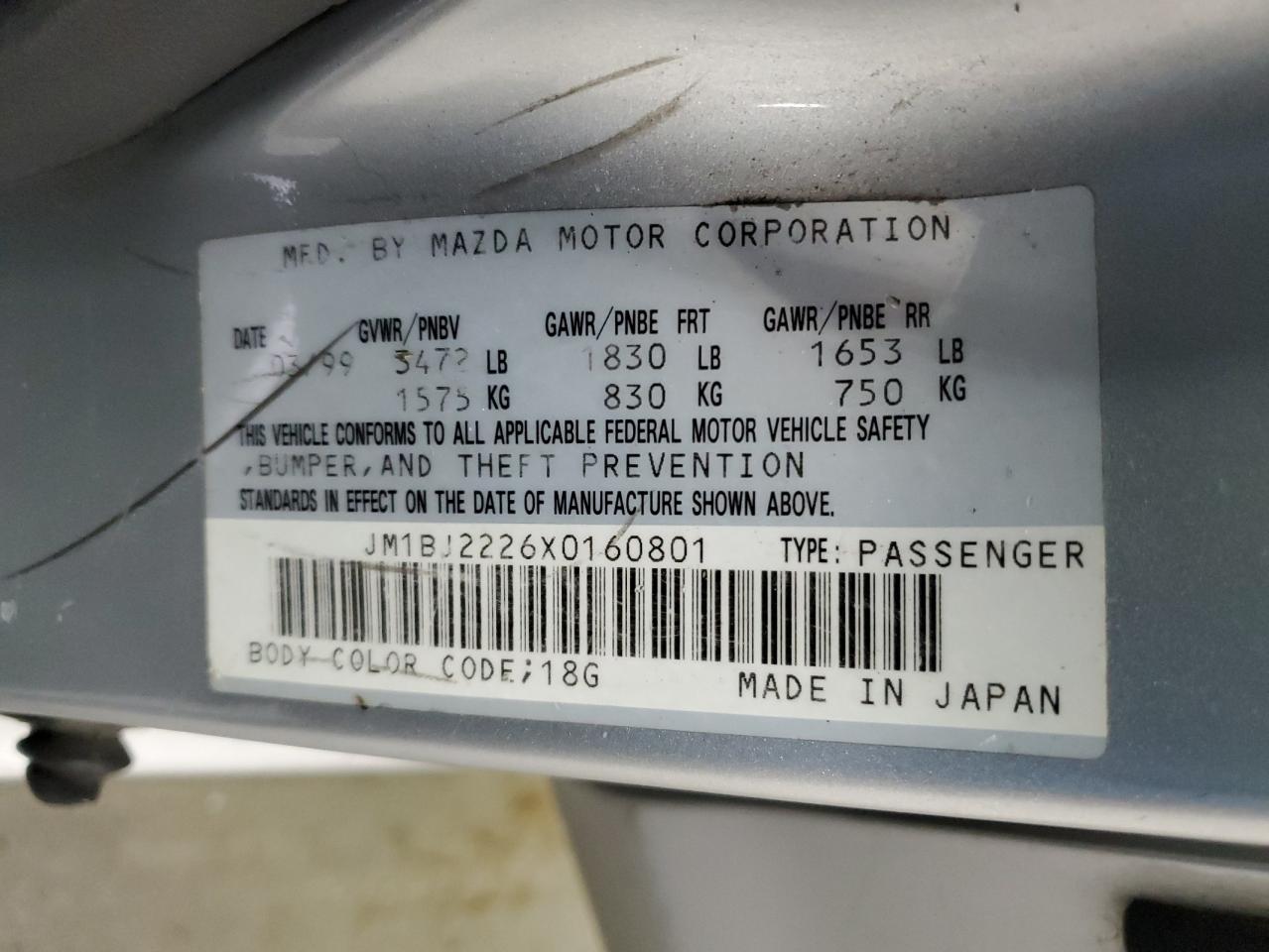 1999 Mazda Protege Dx VIN: JM1BJ2226X0160801 Lot: 92123945