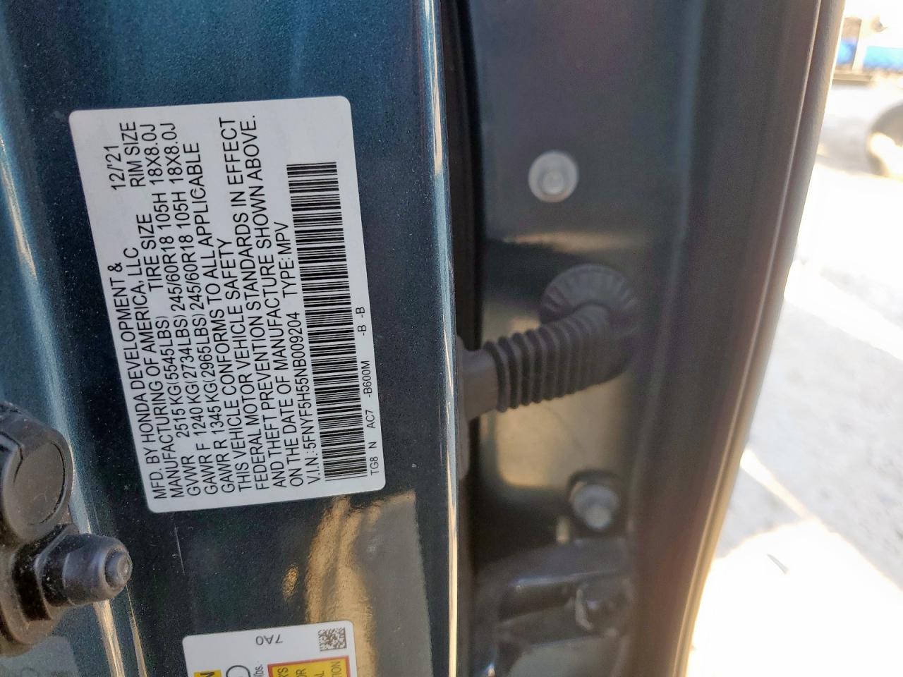 2022 Honda Pilot Exl VIN: 5FNYF5H55NB009204 Lot: 92112535