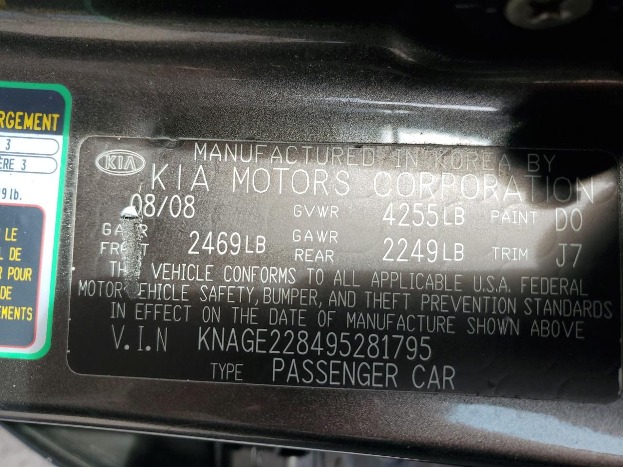 2009 Kia Optima Lx VIN: KNAGE228495281795 Lot: 90402325