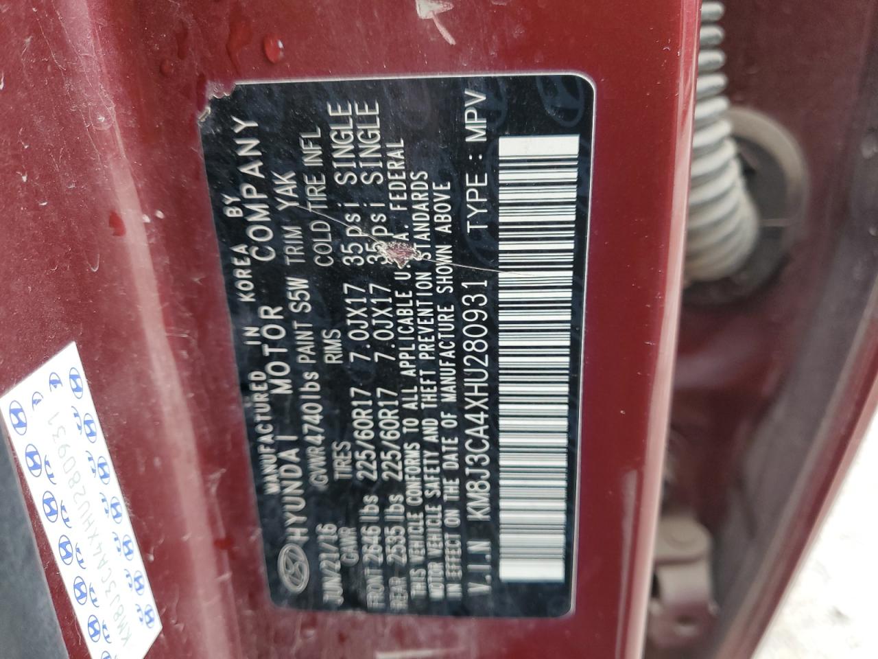 2017 Hyundai Tucson Limited VIN: KM8J3CA4XHU280931 Lot: 92629435