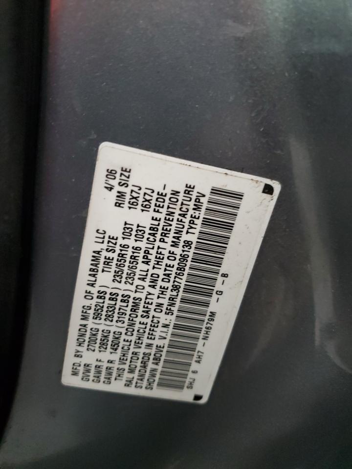 2006 Honda Odyssey Exl VIN: 5FNRL38776B096138 Lot: 93601315