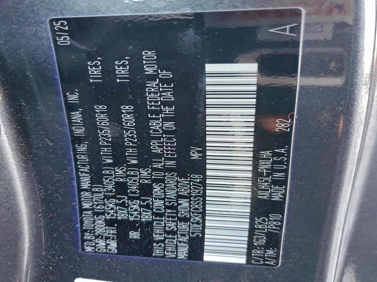 2025 Toyota Sienna Limited VIN: 5TDESKFC8SS192748 Lot: 94001275