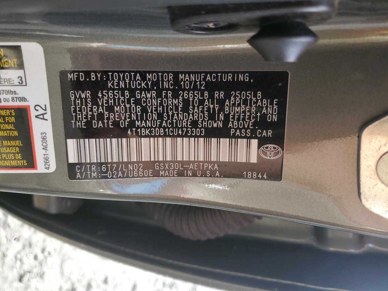 2012 Toyota Avalon Base VIN: 4T1BK3DB1CU473303 Lot: 92717765