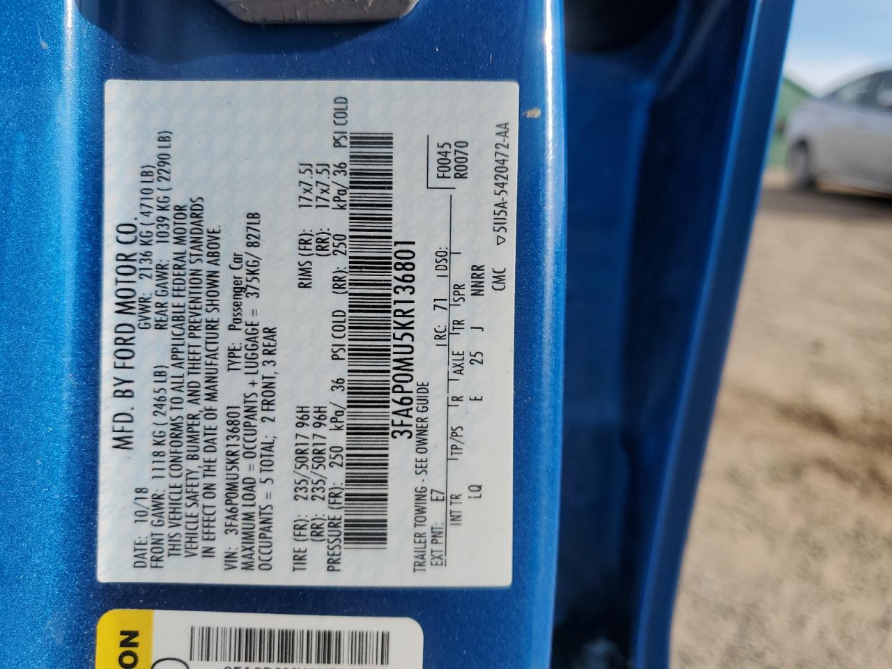 2019 Ford Fusion Sel VIN: 3FA6P0MU5KR136801 Lot: 89435455