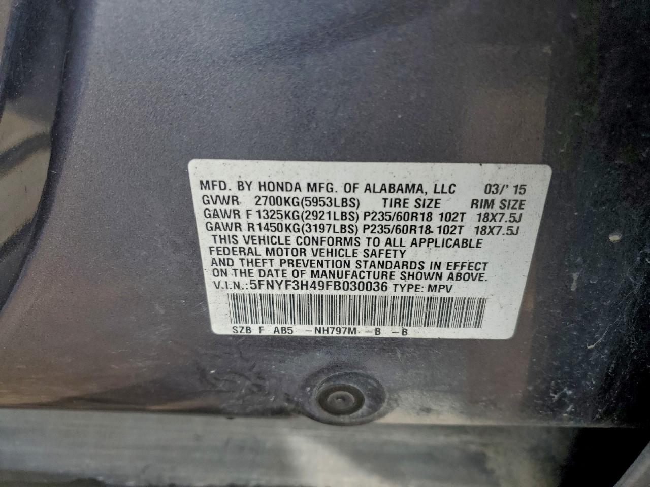 2015 Honda Pilot Ex VIN: 5FNYF3H49FB030036 Lot: 94177995