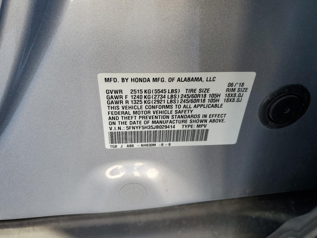 2018 Honda Pilot Ex VIN: 5FNYF5H35JB029414 Lot: 91696425