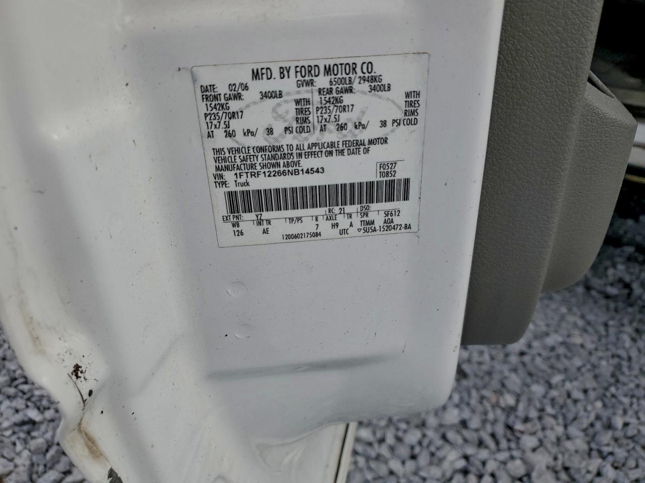 2006 Ford F150 VIN: 1FTRF12266NB14543 Lot: 93867695