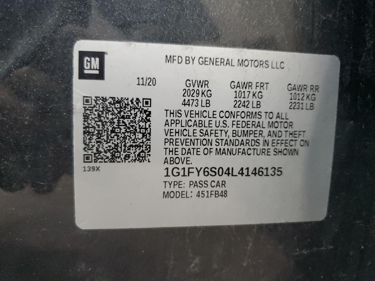 2020 Chevrolet Bolt Ev Lt VIN: 1G1FY6S04L4146135 Lot: 93760845