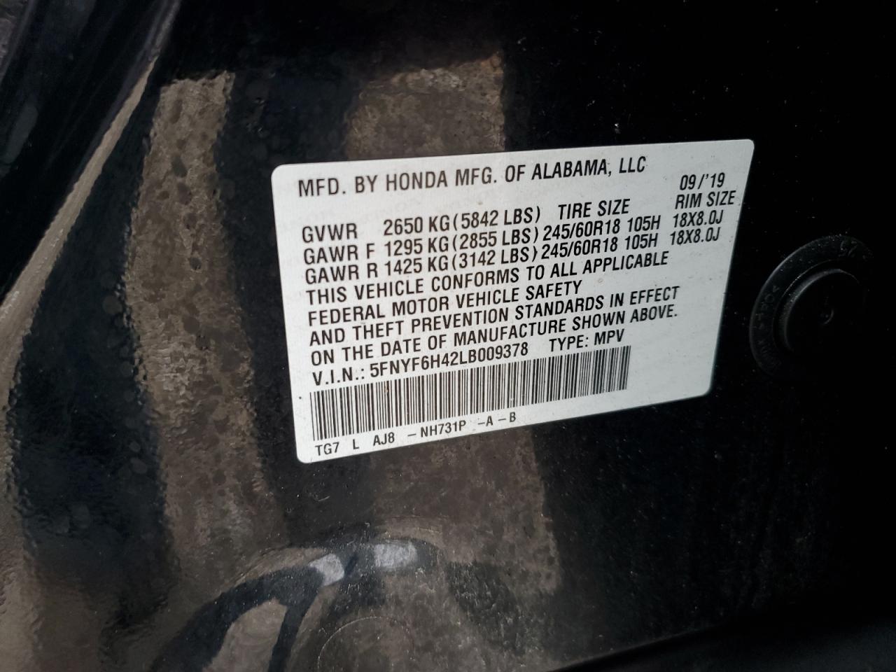 2020 Honda Pilot Exl VIN: 5FNYF6H42LB009378 Lot: 93827895