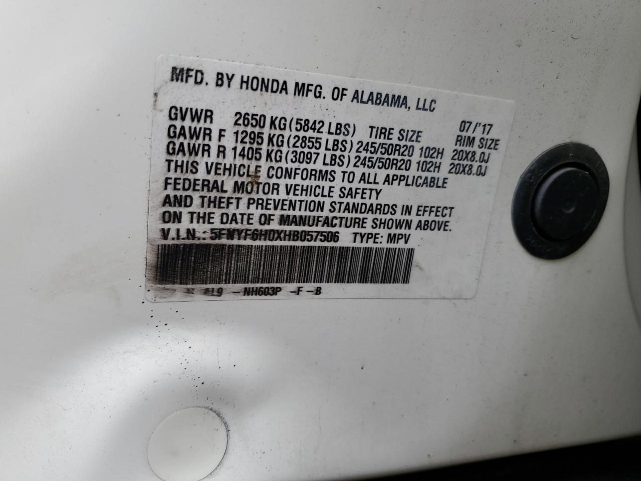 2017 Honda Pilot Elite VIN: 5FNYF6H0XHB057506 Lot: 90519325