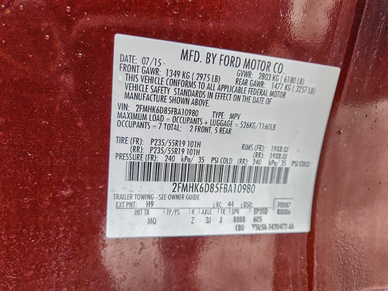 2015 Ford Flex Limited VIN: 2FMHK6D85FBA10980 Lot: 94265675