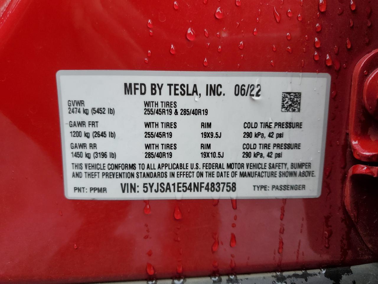 2022 Tesla Model S VIN: 5YJSA1E54NF483758 Lot: 93295885